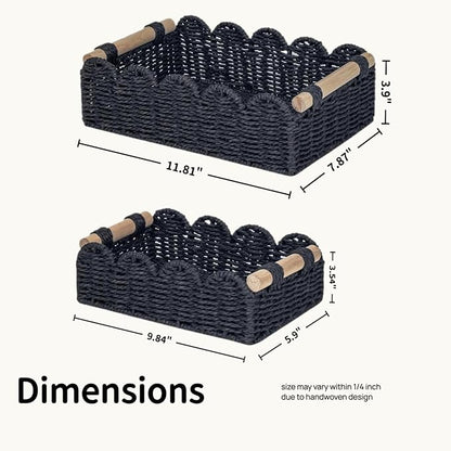 Black Scalloped Edge Storage Baskets with Wood Handle, Set of 2 – Decorative Paper Rope Organizer Bins for Bathroom, Shelf & Countertop