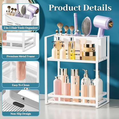 SanDream Hair Tool Organizer Bathroom Countertop, 2-Tier Metal Bathroom Organizer with Blow Dryer Holder, Large Capacity Space-Saving Vanity Shelf for Perfume, Skincare & Makeup Storage (White)