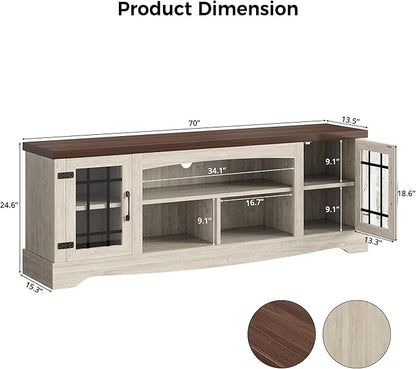 IRONCK Farmhouse TV Stand for 75 Inch TV, Rustic Entertainment Center with Storage Cabinets & Open Shelves, Grid Glass Doors, Media Console for Living Room, Bedroom(Light Oak & Walnut)