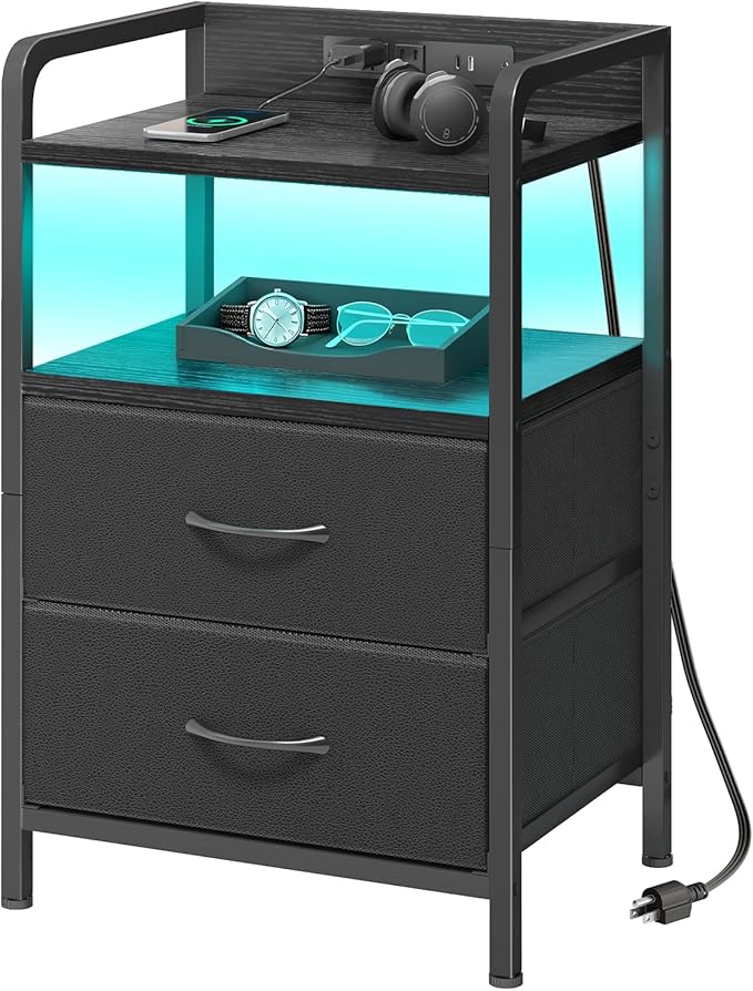 Fixwal Night Stand for Men Bedroom with 2 Fabric Storage Drawers and Shelves, Nightstand with Charging Station & LED Lights, Black