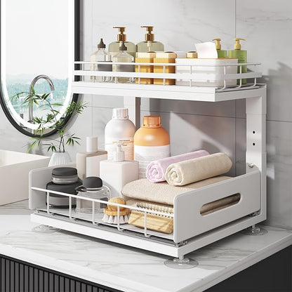 Under Sink Organizer Upgrade To Professional Rails,2-Tier Dual Pull Out Cabinet Storage,Height Adjustable Slide Out Drawers For Bathroom Kitchen,2 Pack-14.5" Dx12.8-16.9" H,White