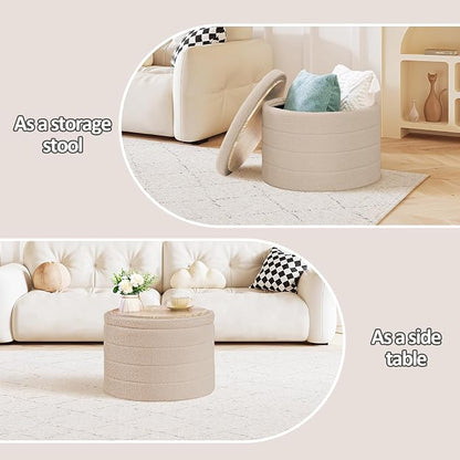 PINPLUS Round Ottoman with Stroage, Boucle Storage, Foot Stool Foldable Coffee Table Ottoman for Living Room, Bedroom, Dorm (Beige)