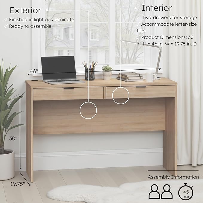 Prepac 46" Writing Desk – Computer Desk with 2 Drawers, Light Oak Office Desk for Home Office or Bedroom