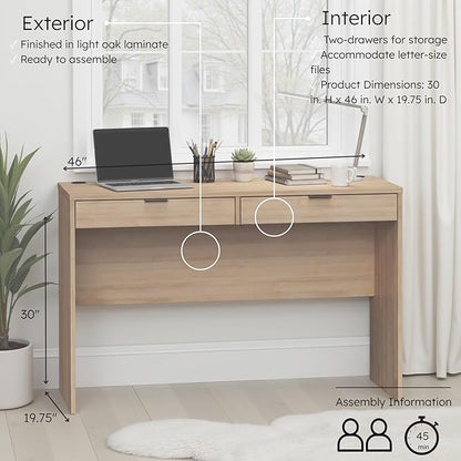 Prepac 46" Writing Desk – Computer Desk with 2 Drawers, Light Oak Office Desk for Home Office or Bedroom