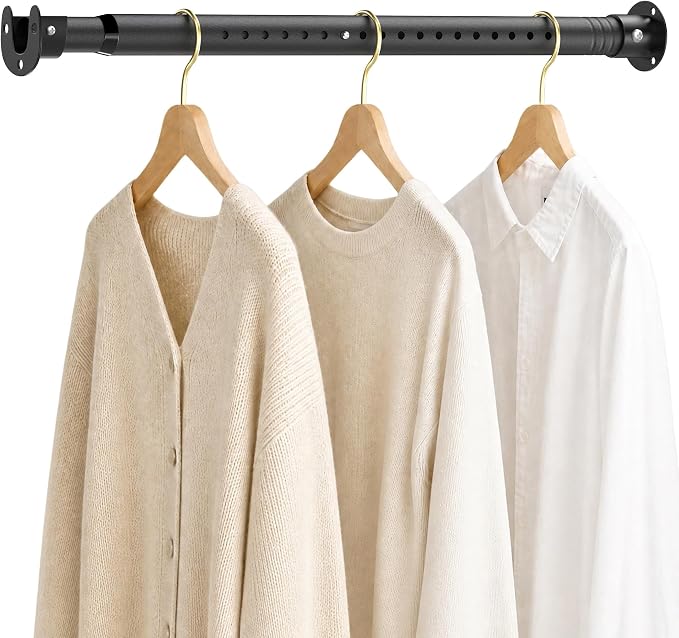 Short Closet Rod 17-51 Inches, Adjustable Heavy Duty Black Metal Closet Rods for Hanging Clothes, 1.3 Inch Diameter with Wall Brackets for Wardrobes, Laundry Room, RV