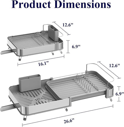 Kitsure Dish Drying Rack - Expandable Stainless Steel Dish Racks for Kitchen Counter, Auto-Drain Drying Rack for Kitchen with Cutlery Holder & Non-Slip Feet, 16.1-26.6" L x 12.6" W, Grey