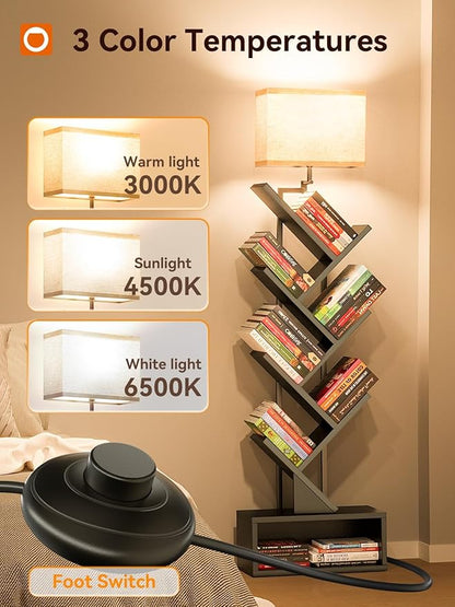 addlon 6-Tier Tree Book Shelf with LED Light, Steel&Wood Bookshelf with Storage Cabinet, Narrow Tall Bookcase with 3CCT Bulb, Small Bookshelf for Bedroom, Home Office&Living Room-Black Oak