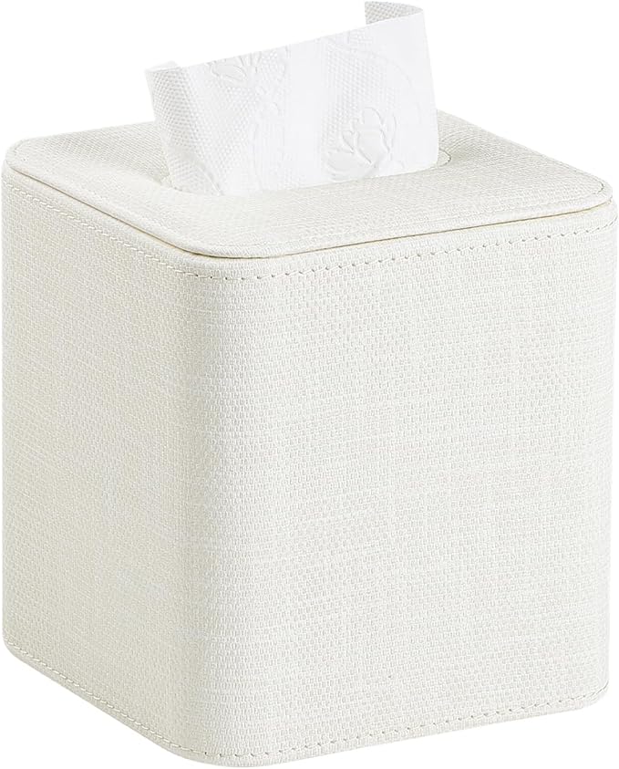 Cretkhp Square Tissue Box Cover with Magnetic Closure, Modern PU Leather Tissue Box Holder for Bathroom Vanity Countertop Night Stands Bedroom Office Desk, Stylish Cube Tissue Holder (Cream)