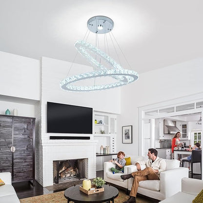 23.6'' Oval Crystal Chandelier, 2-Ring LED Pendant Island Light, 6500K Cool White Non-Dimmable Modern Ceiling Lighting for Kitchen Island Dining Room Living Room Bedroom