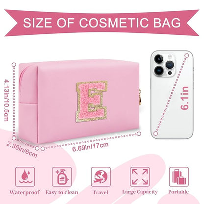 Personalized Initial A-Z Preppy Patch Makeup Bag,Small PU Leather Chenille Letter Cosmetic Bag with Zipper for Teen Girls,Pink Cute Travel Toiletry Bag,Birthday Monogrammed Gift for Daughter,Letter E