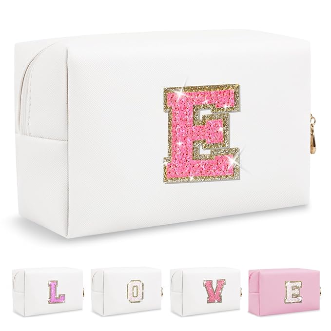 Small Personalized Initial A-Z Patch Makeup Bag,White Cute PU Leather Glitter Letter Cosmetic Bag for Teen Girls,Travel Toiletry Bag with Zipper,Preppy Monogrammed Birthday Gift for Daughter Niece E