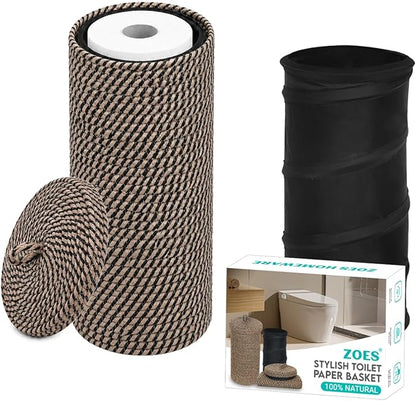 ZOES HOMEWARE Jute Toilet Paper Storage Basket with Lid,Bathroom Toilet Paper Holder Stand for 3 Mega Rolls,Tissue Holder for Bathroom with Removable Waterproof Insert, 7"x7"x13.5"