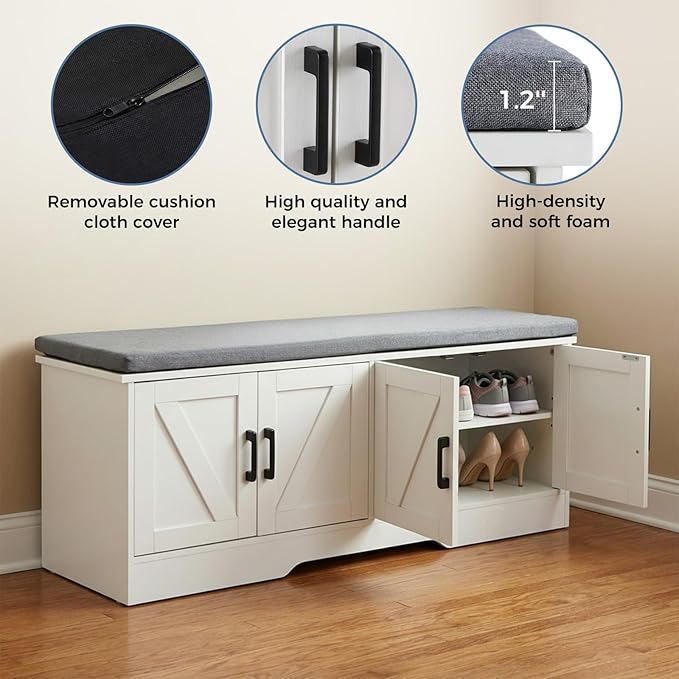 DUMOS Shoe Storage Bench, 28" Wide Shoe Organizer Cabinet with Padded Seat Cushion, 2 Doors, Adjustable Shelf for Entryway, Hallway, Bedroom, Living Room, White