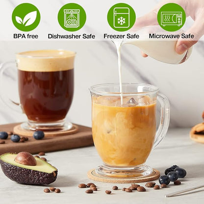 Mfacoy Glass Coffee Mugs Set of 4, Clear Large Coffee Mug 15 Oz With Handles for Hot Beverages, Clear Mugs for Tea, Cappuccino, Latte, Espresso Coffee, Juice, Glass Coffee Cups