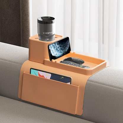 Couch Cup Holder Tray, VIENFUT Silicone Anti-Slip Sofa Armrest Tray with Side Pockets, BPA-Free Anti-Spill Couch Drink Holder for YETI, Remote, Snacks, Cellphone and iPad, Ideal Gift (Peach)