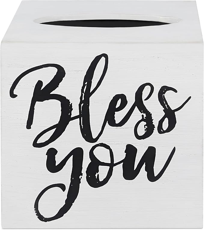 Young's Inc. Wood Bless You Tissue Box Cover - Tissue Holder for Farmhouse Bathroom Decor - Charming Rustic Bathroom Decor - 6" L x 6" W x 6" H