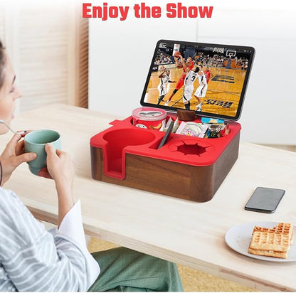 Couch Cup Holder Tray, Real Acacia Wooden Caddy with Soft Silicone, Snack and Drink Organizer- Perfect Movie Night Accessories for Bed, Remote and Cup Holders for Sofa (Red)