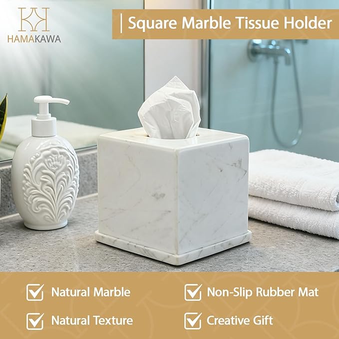 HAMAKAWA Natural Marble Tissue Box Cover, Volakas White Tissue Organizer 6 x 6 x 5.7 inch, Heavy Stone Decorative Box, Square Tissue Box Holder for Home Decor, Kitchen, Bathroom, Bedroom