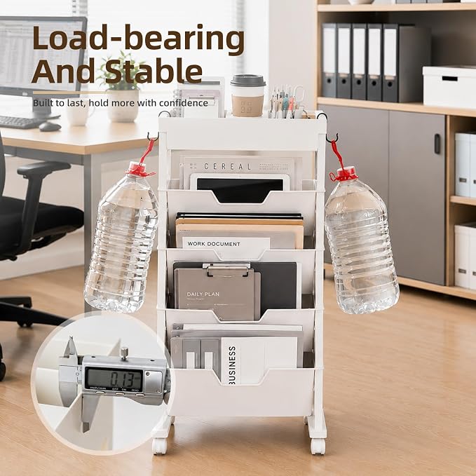 SDLP 5-Tier Rolling Bookshelf, Rolling Book carts with Wheels,Book Storage Rack,Utility Carts, Movable File Folder Organizer Cart for Home,Study,Office,Living Room,Classroom, (White, 5 Tier)