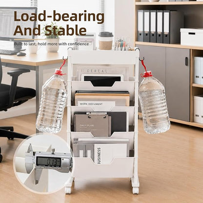 SDLP 5-Tier Rolling Bookshelf, Rolling Book carts with Wheels,Book Storage Rack,Utility Carts, Movable File Folder Organizer Cart for Home,Study,Office,Living Room,Classroom, (White, 5 Tier)