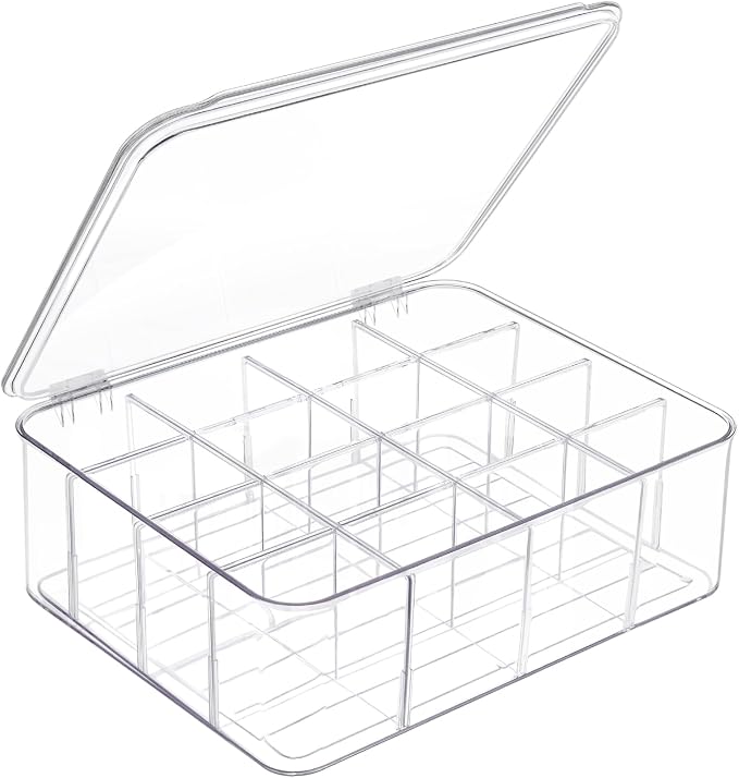 DILIBRA Socks Underwear Drawer Organizer for Closet, 16 Compartment Removable Divided Plastic Clear Sock Storage Box with Lid, Underwear Storage Tie Organizer Box for Bra Socks Ties Scarf Tea Bag