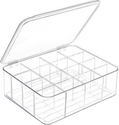 DILIBRA Socks Underwear Drawer Organizer for Closet, 16 Compartment Removable Divided Plastic Clear Sock Storage Box with Lid, Underwear Storage Tie Organizer Box for Bra Socks Ties Scarf Tea Bag