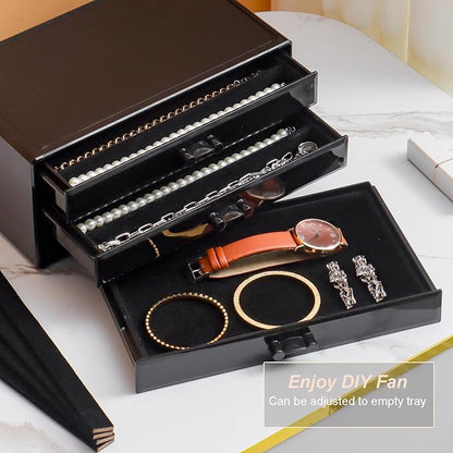 YUFONG Necklace Holder Organizer, Dustproof Necklace Box Velvet Necklace Organizer Box with Lid Clear Acrylic Dustproof Stackable Jewelry Displays for Necklaces Chain Display (Black Black, 5 Drawer)