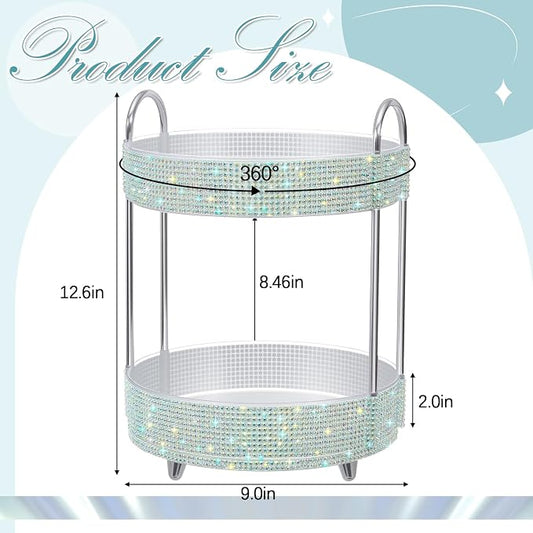 Honeydak 360 Rotating Perfume Organizer Gift for Women, Rhinestone Preppy Skincare Organizer Bathroom Counter Makeup Holder Skincare and Perfume Storage for Cosmetic(2 Tiers,Resin Diamond,AB Color)