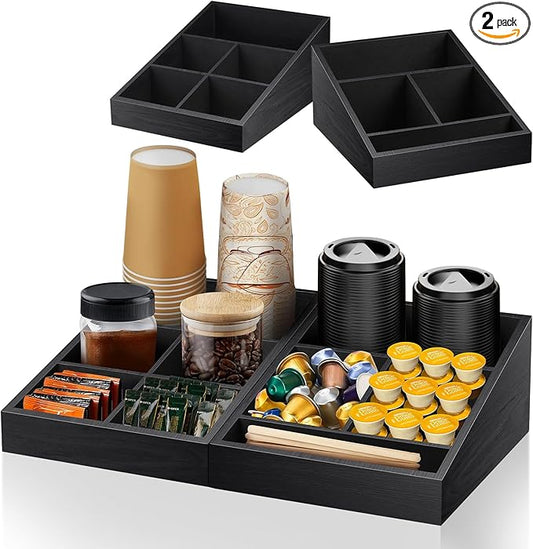 MINCORD Coffee Station Organizer Coffee Condiment Service Tray with 9 Compartment for Counter, Wood Coffee Bar Supplies Organizer for Home Office Breakroom Two-in-One Black