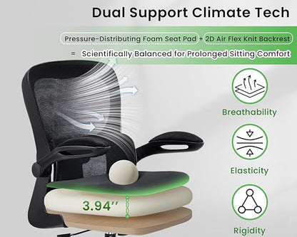 Ergonomic Office Chair, Comfy Desk Chair with Adjustable Lumbar Support, Mesh Computer Chair with Wheels, Flip-up Armrests, Swivel Rolling Executive Chair for Home Office, Gaming, Black