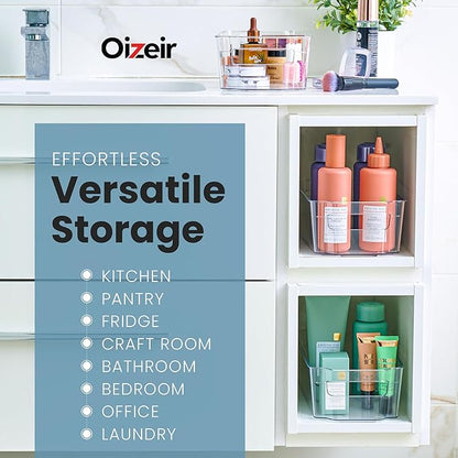 Oizeir 8 Pack Clear Plastic Fridge Organizer Bins - Stackable Refrigerator & Pantry Storage Bins with Handles for Snacks, Freezer, Kitchen Cupboard, and Cabinet Organization