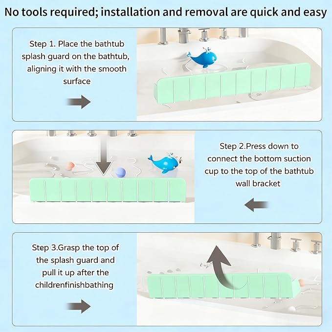 Splash Guard for Bathtub,Silicone Bathtub Splash Guard with Strong Suction Cups, Toy Tray Caddy Holder Storage Over Tub, Prevent Water Splashing in The Bathroom(2.62-FT Green)