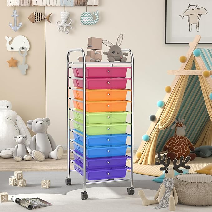 OFFICEJOY Storage Cart, Rolling Utility Cart with 10 Drawers, Portable Handles & Lockable Wheels, Mobile Paper Toys Storage Organizer Large Capacity for Home Office School Teacher (Rainbow)