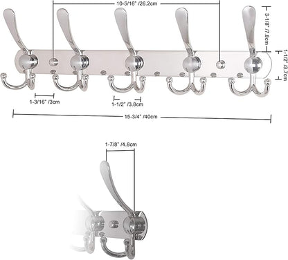 Dseap Wall Mounted Coat Rack - 5 Tri Hooks, Heavy Duty, Stainless Steel, Metal Coat Hook Rail for Coat Hat Towel Purse Robes Mudroom Bathroom Entryway (Chromed, 2 Packs)
