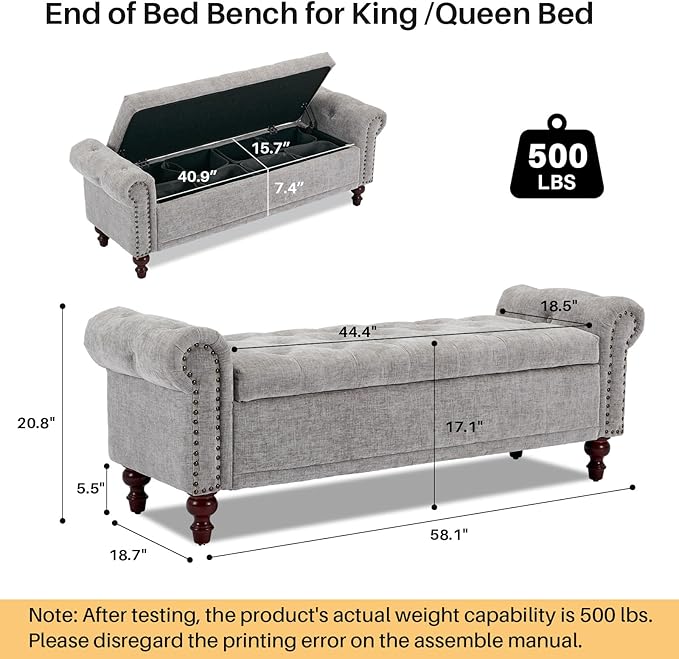 58.1" Storage Bench Upholstered Chenille End of Bedroom Bed Bench Ottoman with Tufted Cushioned Rolled Arm Large Storage Space for Reading Living Room Entryway, Light Grey