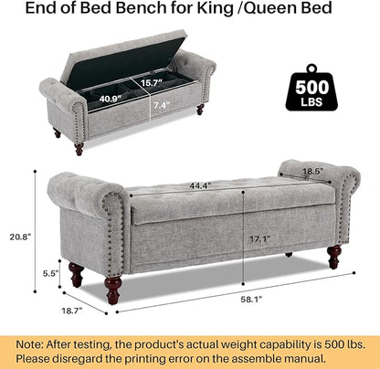 58.1" Storage Bench Upholstered Chenille End of Bedroom Bed Bench Ottoman with Tufted Cushioned Rolled Arm Large Storage Space for Reading Living Room Entryway, Light Grey