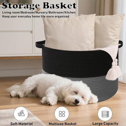 90L Extra Large Blanket Basket,Woven Laundry Basket Hamper with Handles, Decorative Nursery Basket Storage Bin for Toys, Clothes Organizer, Living Room, Bedroom, Bathroom, Black&Dark Grey