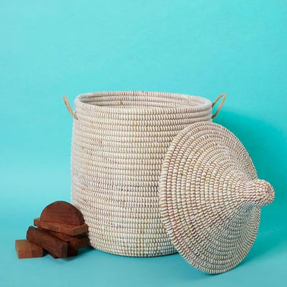 Wicker Basket, Storage & Organization, Home Decor, Laundry Hamper Bedroom, Baby Nursery Toys Bin, Blankets Storage Living Room, Bathroom Towels Holder, Woven, Round, Lid, Handles, White, Small