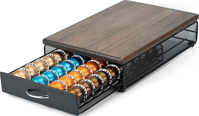 HiveNets for Vertuo Coffee Capsule Storage Drawer Compatible with Nespresso Vertuoline Pods Holder Metal and Wood Top Organizer (can hold 40 Pods)