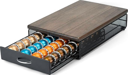 HiveNets for Vertuo Coffee Capsule Storage Drawer Compatible with Nespresso Vertuoline Pods Holder Metal and Wood Top Organizer (can hold 40 Pods)