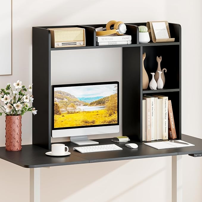 Desk Hutch, Desktop Shelf with 5 Shelves, Desk Bookshelf w/Anti-Toppling Devices, Wood Table Top Bookshelf Organizer, Small Desk Shelf for Study, Office, Dorm (Black, 5 Shelves)