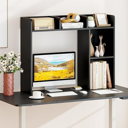 Desk Hutch, Desktop Shelf with 5 Shelves, Desk Bookshelf w/Anti-Toppling Devices, Wood Table Top Bookshelf Organizer, Small Desk Shelf for Study, Office, Dorm (Black, 5 Shelves)