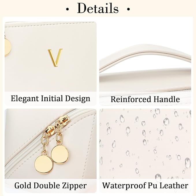 Valentine's Day Gifts for Women Teen Girl, Personalized Initial Makeup Organizer Bag Set, Open Flat Travel Cosmetic Bag With Clear Divider and Handle(Beige,V)