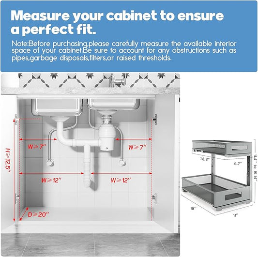 2 Pack 19IN Depth Under Sink Storage Organizer, Large 2-Tier Elegant Mesh Pull Out Shelf for Kitchen and Bathroom Cabinet Organization, L-Shaped and Adjustable Height Design-Gun Gray