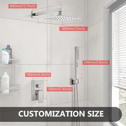 Shower Faucet Set Rainfall Shower System with Square Showerhead and Handle Set Fixture with 2 in 1 Function Handheld Sprayer Wall Mounted Trim Repair Kit Rough-in Valve 12 Inch Brushed Nickel