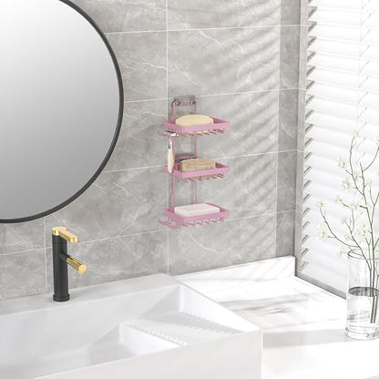 Moforoco 3 Tier Pink Soap Dish Holder for Shower Wall, No Drilling, 304 Stainless Steel, Soap Bar with 4 Hooks and Razor Holder for Shower, Shampoo Bar Holder for Girly Bathroom Accessory Decor