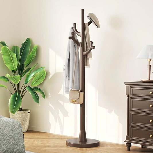 Uniclinens Coat Rack Freestanding Solid Wood Coat Tree Standing with 4 Hooks, Coat Rack Stand Creative Tree Branch-look (Dark Walnut)