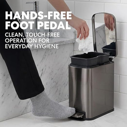 SIMPLI-Magic 6L/1.6G Stainless Steel Bathroom Trash Can with Hands-Free Foot Pedal, Quiet Soft-Close Lid, Compact Space-Saving Size