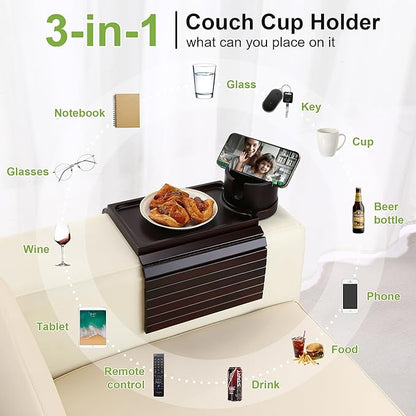 Couch Cup Holder Tray - 3 in 1 Couch Arm Table with 360° Rotating Phone Holder, Foldable Sofa Arm Tray for Drink Table, Snacks Table,Hold Cellphone Remote or Books