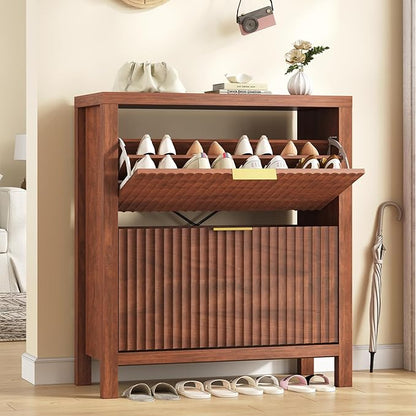 Shoe Cabinet Storage for Entryway, Fluted Shoe Cabinet with 2 Flip Drawers, Hidden Shoe Rack Tall Freestanding Shoe Organizer with Legs for Hallway, Walnut